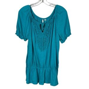 Cato Teal Blue Crochet Lace Open Puff Sleeve Banded Bottom Blouse NWT Large L